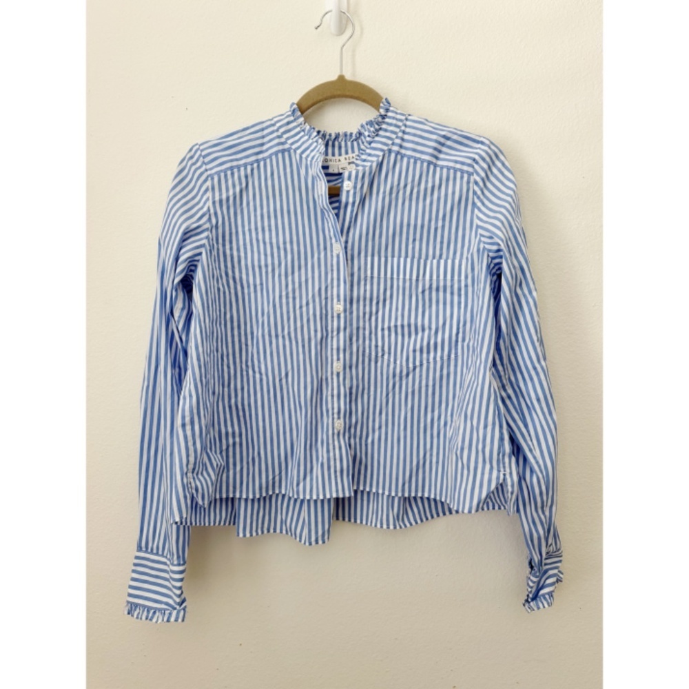 Veronica Beard Bluebell Stripe Ruffle Whitman Shirt Blouse Blue and White - Picture 4 of 9